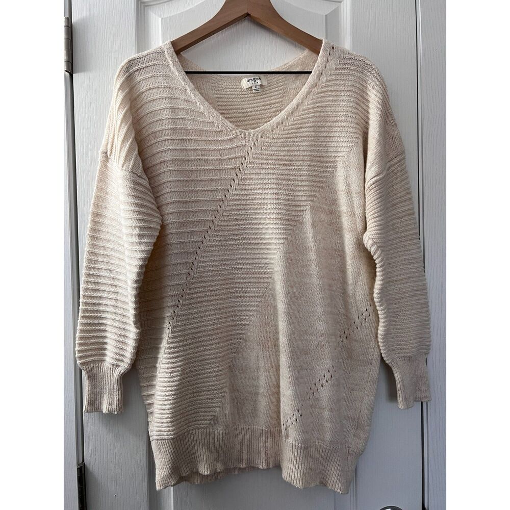 Umgee Women's V-Neck Cream Oatmeal Textured Knit Sweater Size M
